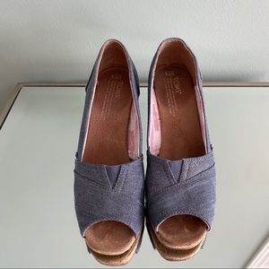 Tom’s blue denim wedge open toe shoes